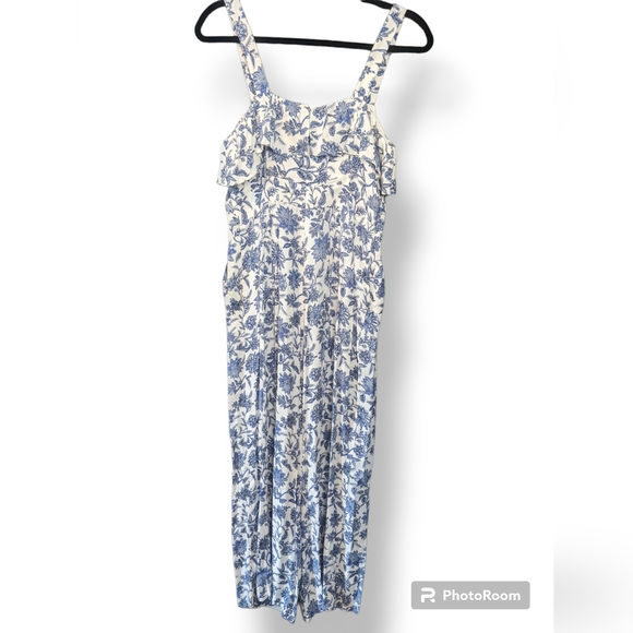 LOFT Blue and White Jumpsuit Romper Ruffled Neckline, 0 - Picture 3 of 11